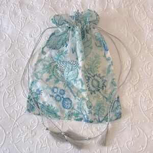 Blue & Green Gauzy Boho Floral Paisley Drawstring Gift‎ Bag w/Silver Drawstrings